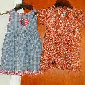 TWO ~ DRESSES blue white red gingham Sundress 2T & brown orange floral Dress 18M